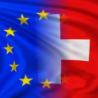 EU and Switzerland flag waving in the wind. High quality illustration.